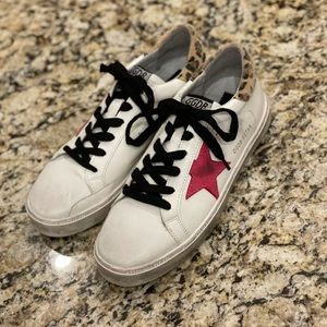 Women’s white sneakers with leopard trim and pink star. Sz 9, fit like a 9.5-10